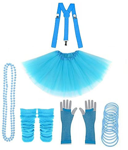 Lizzy 6Pc Neon Costume (Leg Warmers + Fishnet Gloves + 3Layer Tutu + Braces + Beads Necklace + Gummy Bracelet) Set | 80s Neon Teen Fancy Dress Dance ware Hen Party Accessory (Light Blue, Girls)