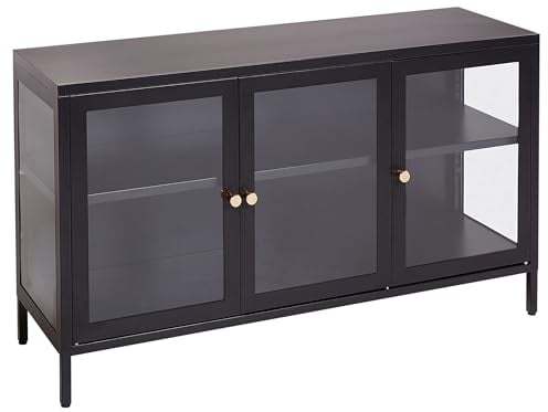Sideboard Metall schwarz mit Vitrine 3 Glastüren hohe Beine Griffe Gold Newport