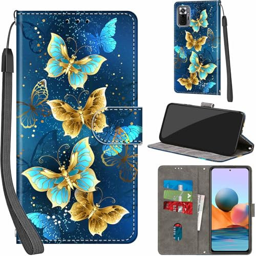 Handyhülle für Xiaomi Redmi Note 10 Pro Hülle PU Leder Schutzhülle Klappbar mit Kartenfach Ständer Handytasche mit Kameraschutz Flip Case Klapphülle für Redmi Note 10 Pro, Vier Schmetterlinge