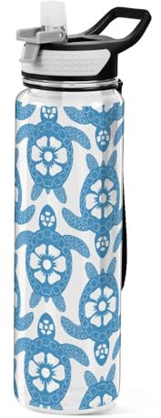 Mnsruu Bouteille d'eau transparente avec paille - Gourde étanche - En plastique Tritan sans BPA - Motif tortue florale - Pour le sport, le bureau, l'école - 1 litre
