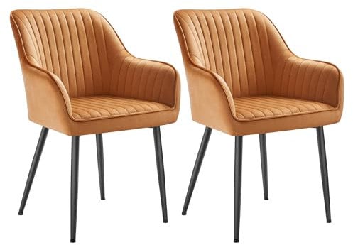 SONGMICS Esszimmerstuhll, 2er Set, Küchenstuhl, Sessel, Samt, Polsterstuhl mit Armlehnen, Loungesessel, bis 120 kg belastbar, Metallbeine, für Esszimmer, Küche, karamellbraun-tintenschwarz LDC087K12