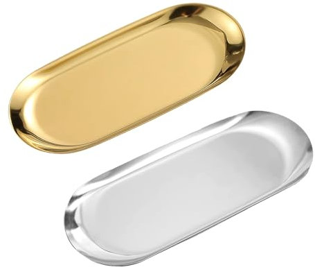 2 Pcs Decorative Tray, Gold and Silver Trinket Tray Set, Metal Small Serving Trays for Jewelry, Tea, Fruit, Oval Elegant Small Trays Polished Finish, 9x3.5In Stainless Steel Decorative Storage