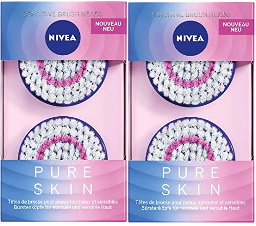 NIVEA Pure Skin Tête de brosse Peaux Normales & Sensibles (1 x 2 têtes), accessoire pour brosse nettoyante visage électrique, nettoyage 7X plus efficace - Lot de 2