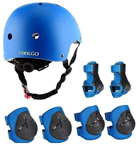 Skateboard Helm Kinder, COOLGOEU 7 in 1 Protektorenset Kinder mit Knieschoner, Ellenbogenschoner und Handgelenkschoner für Inlineskates, Skateboard, Hoverboard, Fahrrad, BMX-Fahrrad (Blau)