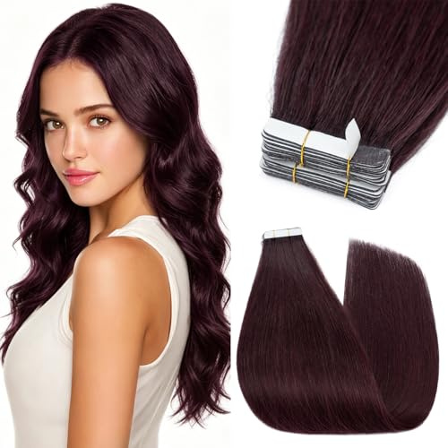 Silk-co Tape Extensions Echthaar 10 Stück 20g, Remy Tape in Extensions Haarverlängerung, Skin Weft Echthaar Haarextensions für dünnes Haar 35cm #99J Burgund