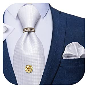 DiBanGu Herren-Krawatte aus Seide, goldfarben, Krawattennadel mit Kette, goldener Krawattenring, Einstecktuch, Manschettenknöpfe, Geschenkbox, formell, 01 Weiß, 59