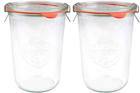 X2 WECK 743 850ml Wide Mouthed Storage Jars Including Glass Lids, Seals & Clamps For Sourdough, Preserving, Canning, Yoghurt, Kimchi, Jam