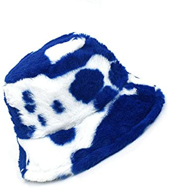KGM Stylische, weiche, flauschige Kunstfell-Fischermütze – Festival-Sommer-Wintermütze, Kuhmuster blau, One size