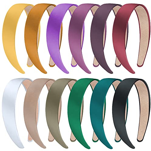 SIQUK 12 Pièces Satin Bandeaux 3cm Serre-Tête Cheveux Headband Large Bandeau pour Femme et Fille, 12 Couleurs