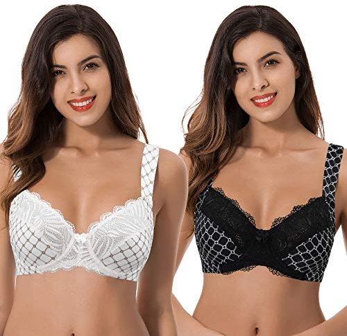 Curve Muse Übergröße Ungefüttert Bügel Spitzen-BH mit gepolsterten Schultergurten-2er Pack-Creme Drucken,Schwarz Drucken-80F
