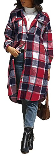 Sukany Damen Casual Revers Wollmischung Lang Plaid Shirt Button Down Langarm Jacke Shacket, Vintage Rot, 42
