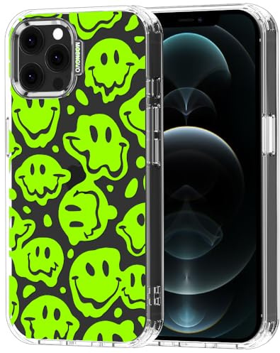 MOSNOVO Case for iPhone 12 & iPhone 12 Pro, [Buffertech 6.6ft Military-Grade Drop Protection] [Anti Peel Off Tech] Clear TPU Bumper Phone Case Cover Design - Distorted Green Smiles Face