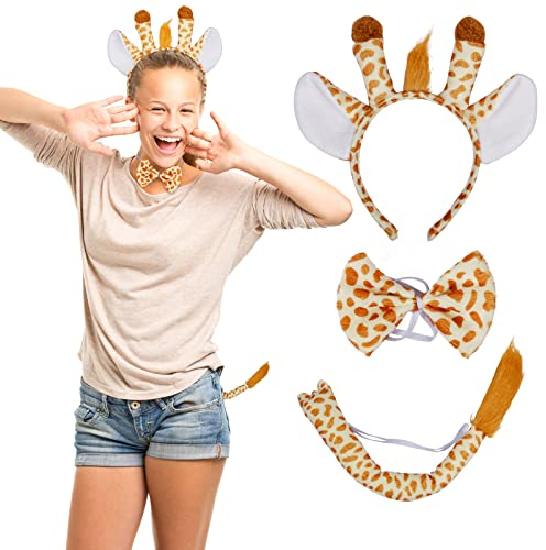 LAMEK 3TLG Giraffe Kostüm Set Tier Haarreif mit Ohren Schwanz Fliege Tierohren Stirnband Cosplay Party Zubehör für Erwachsene Kinder Karneval Halloween Maskerade Kindergeburtstag