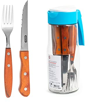 Home Set 12 Posate in Acciaio Inox con Manico in Legno + Brocca Contenitore