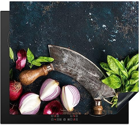KitchenYeah© Herdabdeckplatte Einteilig Herdabdeckung Abdeckplatte für Ceranfeld Abdeckung Induktionskochfeld Aufrollbare Matte Gemüse - Kräuter - Wiegemesser - Zwiebel - Gewürze - 60x52 cm