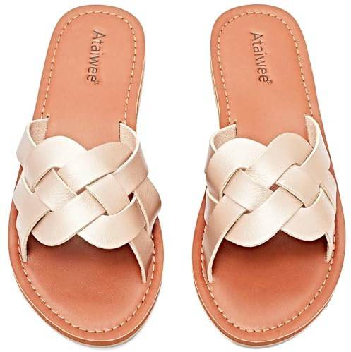 Ataiwee Damen Slide Sandalen - Komfortable Slip On Mode Strappy Flache Sommer Schuhe.(1908002,GD/MF,38.5)