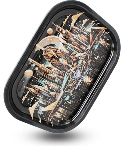 PURPLE LEGACY® Premium Metall Rolltablett großes 18cm x 14cm mit abgerundeten Kanten und für die Aufbewahrung von Zubehör im Ägyptischen Cyberpunk Stil (City)