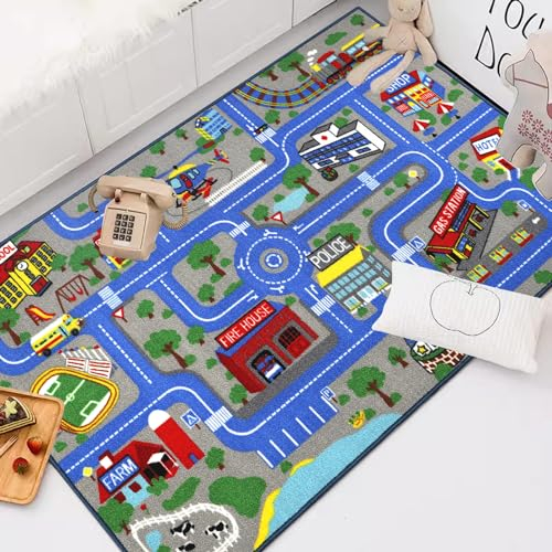 Capslpad Kinder Teppich Spielteppich für Kinder Stadt 100x160cm rutschfest Kinderteppich Spielmatte Maschinenwaschbar Kurzflor Pädagogischer Spielteppich für Kinderzimmer Spielzimmer Dekor, Blau