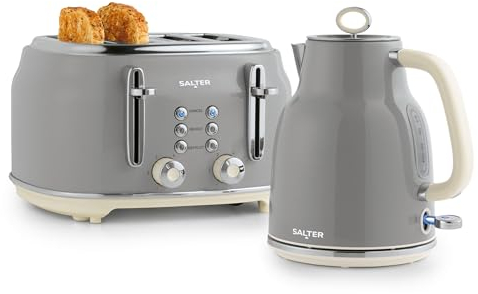 Salter COMBO-9191 Retro Kettle & Toaster Set – 1.7L Fast Boil Kettle With Removable Limescale Filter, 4-Slice Wide Slot Toaster for Thick Bread, High Lift Eject, Blue Indicator Lights, 3kW/1630W, Grey
