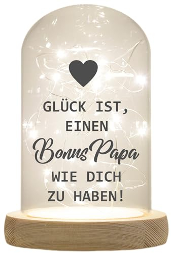 WB wohn trends LED-Glaskuppel, Glück ist einen Bonus-Papa wie Dich zu haben, 16,5x11cm, Glasglocke mit LED-Licht und Holz-Fuß LED-Laterne LED-Lampe mit Text Spruch