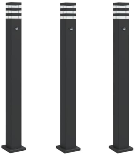 vidaXL Wegeleuchten mit Bewegungsmelder 3 Stk., Wegeleuchte mit IP44-Schutzart, Außenleuchte mit Diffusor, Standleuchte Gartenlampe, Schwarz Aluminium