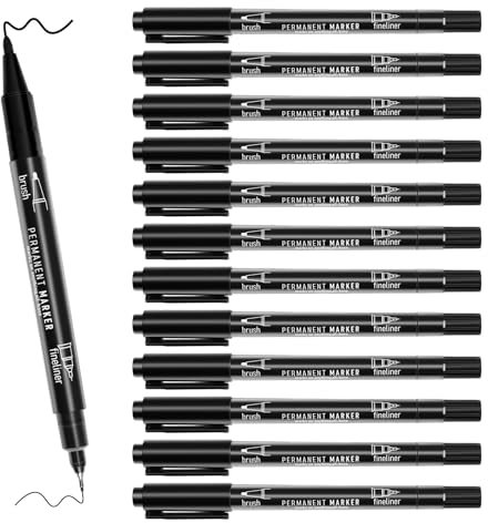 newatty 12 Permanent Marker, Filzstifte mit Feiner Spitze Schwarz Doppelspitze Wasserfest Permanent Marker Dünn Set Wasserfester Stift Schwarz zum Zeichnen Markieren für Glas Stein Holz