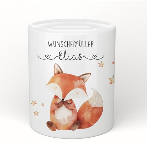 Manufaktur Liebevoll Spardose mit Namen Personalisierte Spardose Kinder Geschenk Baby Mädchen Junge Sparschwein Fuchs Wunscherfüller