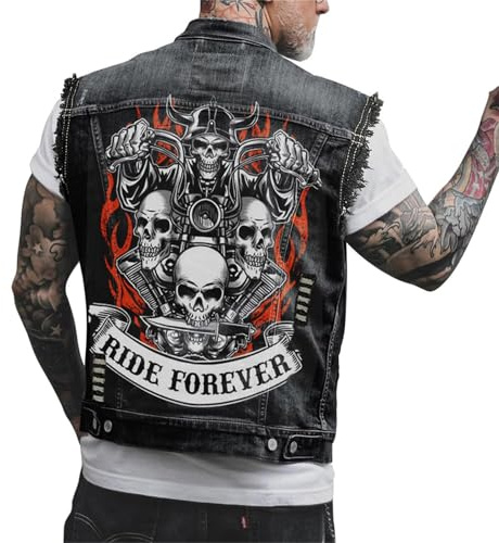 Edelaura Veste en Jean Sans Manches Hommes Imprimé Tête de Mort Style Biker Punk Vintage Denim Boutons Métalliques Outdoor Loisirs Vêtement de Travail