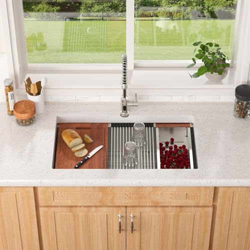 Lordear 33 Double Bowl Kitchen Sinks 33x19 Inch Undermount Ledge Workstation Sink Double Bowl 60/40 Low Divide 16-Gauge Stainless Steel Handmade Kitchen Sink