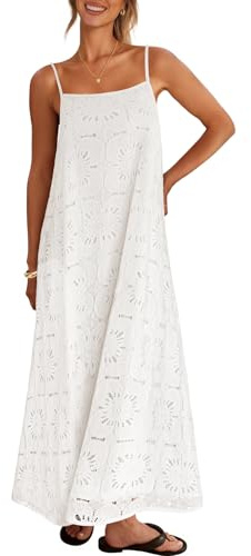 MEROKEETY Womens Summer Maxi Dress Boho Spaghetti Straps Sundress, White, M