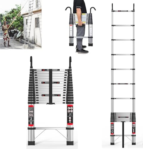 5M Teleskopleiter mit Haken, Edelstahl Verstärkt Leiter Klappleiter Ausziehleiter Tragbare Stehleiter Teleskop-Design mit Rutschfesten Gummifüßen, Mehrzweck-Leiter für Garten und Innen,Tragkraft 150kg
