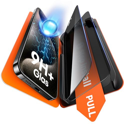 TAURI für iPhone 15 Pro Sichtschutz 6,1 Zoll - 2 Stück | mit Staubfreier 1-Schritt-Installation, 9H Glas Displayschutz, Full Screen Blasenfreie-Schutzfolie, Kompatibel mit Hülle