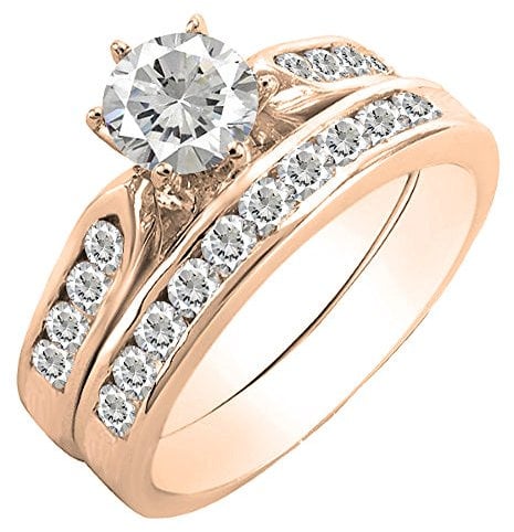 Dazzlingrock Collection 14K Round Lab Created Gemstone Ladies Bridal Engagement Ring Set, Rose Gold, 8 UK, Lab Created White Sapphire Rose Gold, Created White Sapphire