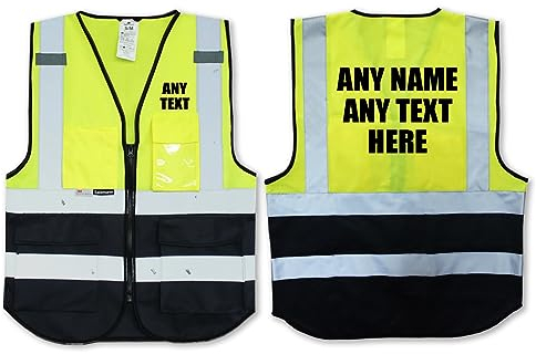 Personalisierte Salzmann 3M Warnweste mit Text oder mehrfarbigem Logo und Mehreren Taschen, hergestellt mit 3M Reflektierendem Material - Gelb Marineblau hochsichtbar Sicherheitsweste Arbeitsweste