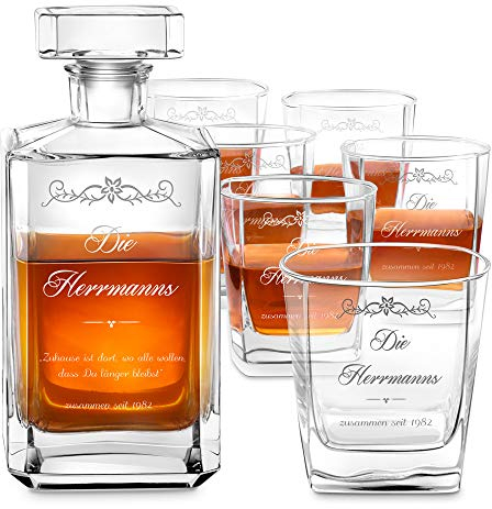 Maverton Whiskey Karaffe + 6er Whiskygläser Set - mit Gravur - Whisky Dekanter - 700ml - Geschenk zur Hochzeit für Paar - Familie
