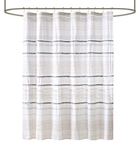 INK+IVY NEA Rideau de Douche 100% Coton à Pompons Style bohème, imprimé à Rayures Multicolores, Lavable en Machine, décoration d'intérieur Moderne, pour Salle de Bain Baignoire, 183 x 182,9 cm, Blanc