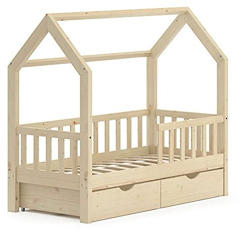 Vitalispa Hausbett Wiki, Bett aus Holz, Naturholz, 70x140 cm mit 2 Schubladen