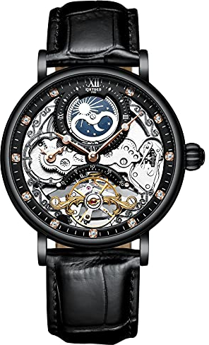 rorios Herren Uhren Mondphase Automatikuhr Mechanische mit Lederarmband Wasserdicht Skeleton Tourbillon Uhren Mode Diamant Uhren für Männer