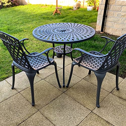 Lazy Susan 88 cm Runder Mia Gartentisch in Antik Bronze mit 2 Rose Stühlen und beigen Sitzkissen | Nachhaltiges Sandguss-Aluminium | Wetterfest | Rostfrei | Wartungsarm | 3 Jahre Garantie