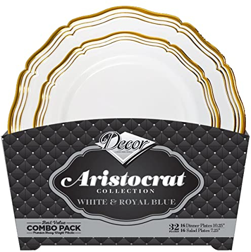 Decor Decorline - Ensemble d'assiettes réutilisables de 32 pièces/Pour 16 Personnes - Collection Aristocrat -Blanc/Or - vaisselle vintage de haute qualité - 2 Tailles (16x26cm, 16x19cm)