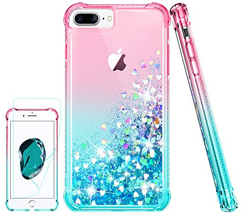 Pilaru Lovely Glitter Case for iPhone 8 Plus/7 Plus, iPhone 6s Plus/6 Plus Clear Liquid Heart Glitter Soft TPU Cover Transparent Girly Protective Phone Case for iPhone 8 Plus,Pink/Teal