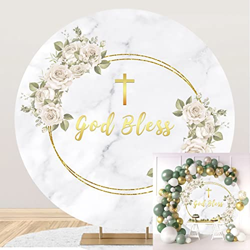 Bovlleetd 150cm GOD Bless runder Hintergrund, Kreuz, umgeben von goldenen Kreisen Rosen Marmorkreis-Kulissen für Hochzeitszeremonie, Neugeborene, Taufdekoration, Kuchen, Tischbanner