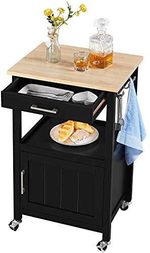 Yaheetech Chariot de Service à roulettes Desserte Meuble Rangement Cuisine avec 1 Tiroir/3 Crochets/1 Placard/1 Compartiment Ouvert 55 x 45 x 89 cm Noir