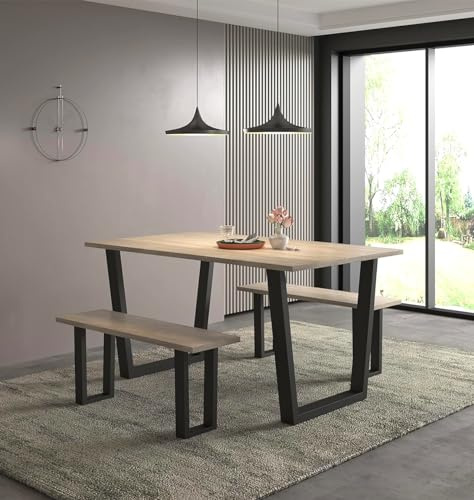 Hallowood Furniture Dudley Large Dining Table and Bench Set 2, Sonoma Oak | 150x80cm Industrial Style Kitchen Table with Black Metal U Shaped Legs and 2 Kitchen Bench Set, Modern 4-6 Seater Dining Sets