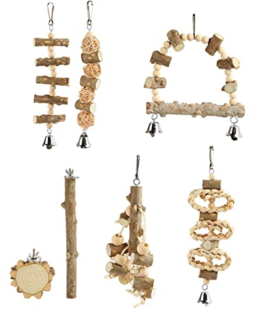 ciciglow Vogelschaukel Spielzeug, buntes Vogelkauspielzeug mit rostfreiem Karabiner, Holzscheit, Schaukel, Glocken und Bällen für Papageien, Wellensittiche, Finkvögel
