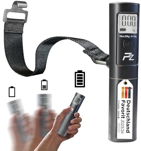 FLOWZOOM Kofferwaage ohne Batterie - Kofferwaage digital mit Haken - Batterielose Gepäckwaage für Koffer - Hängewaage mit Transportbeutel und TARA-Funktion - Luggage Scale - Modell: SHAKEE, schwarz