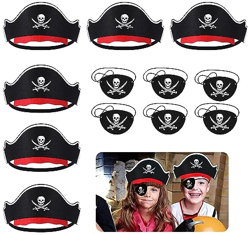 HORREX 12 Stück Piraten Zubehör Kinder, 6 Stück Piratenhut Kinder 6 Stück Augenklappe Pirat Filz Augenmaske Schädel Piraten Hut Accessoires für Kindergeburtstag Halloween Maskerade Piratenparty