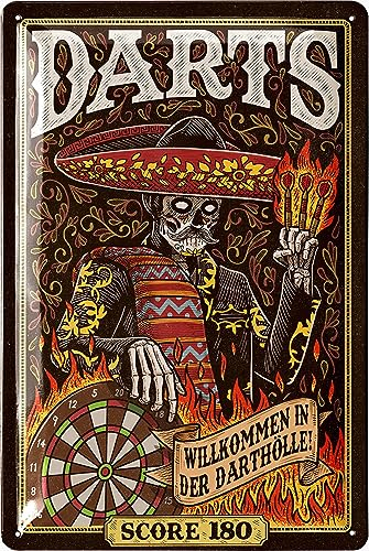 LANOLU Retro Blechschild DARTS Hölle - Bar und Partykeller Dekoration, Irish Pub Deko, lustiges Geschenk für Männer, vintage Metallschild mit Stanzung und Wölbung, 20x30cm
