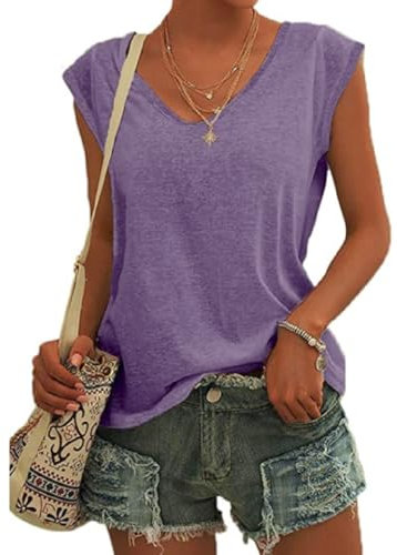 EDOTON T Shirt Donna Maglietta Corte Scollo a V Manica Corta Donna Casual Estiva Solida T-Shirt Maglietta Elegante(S,Viola)