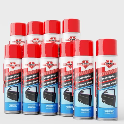 BÖRFH Lot de 10 sprays de silicone (10 x 500 ml) - Lubrifiant silicone pour portes et charnières, séparation des formes dans l'industrie du plastique, du caoutchouc et des ressorts, élimination des